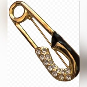 Vintage 1980's Gold Black Enamel 14 Crystals Safety Pin Pin Brooch EUC
